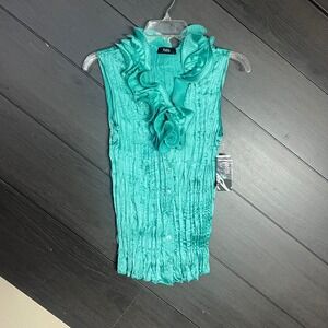 Violin Womens Sleeveless Ruffle Crinkle Button Down Blouse Size S Teal NWT